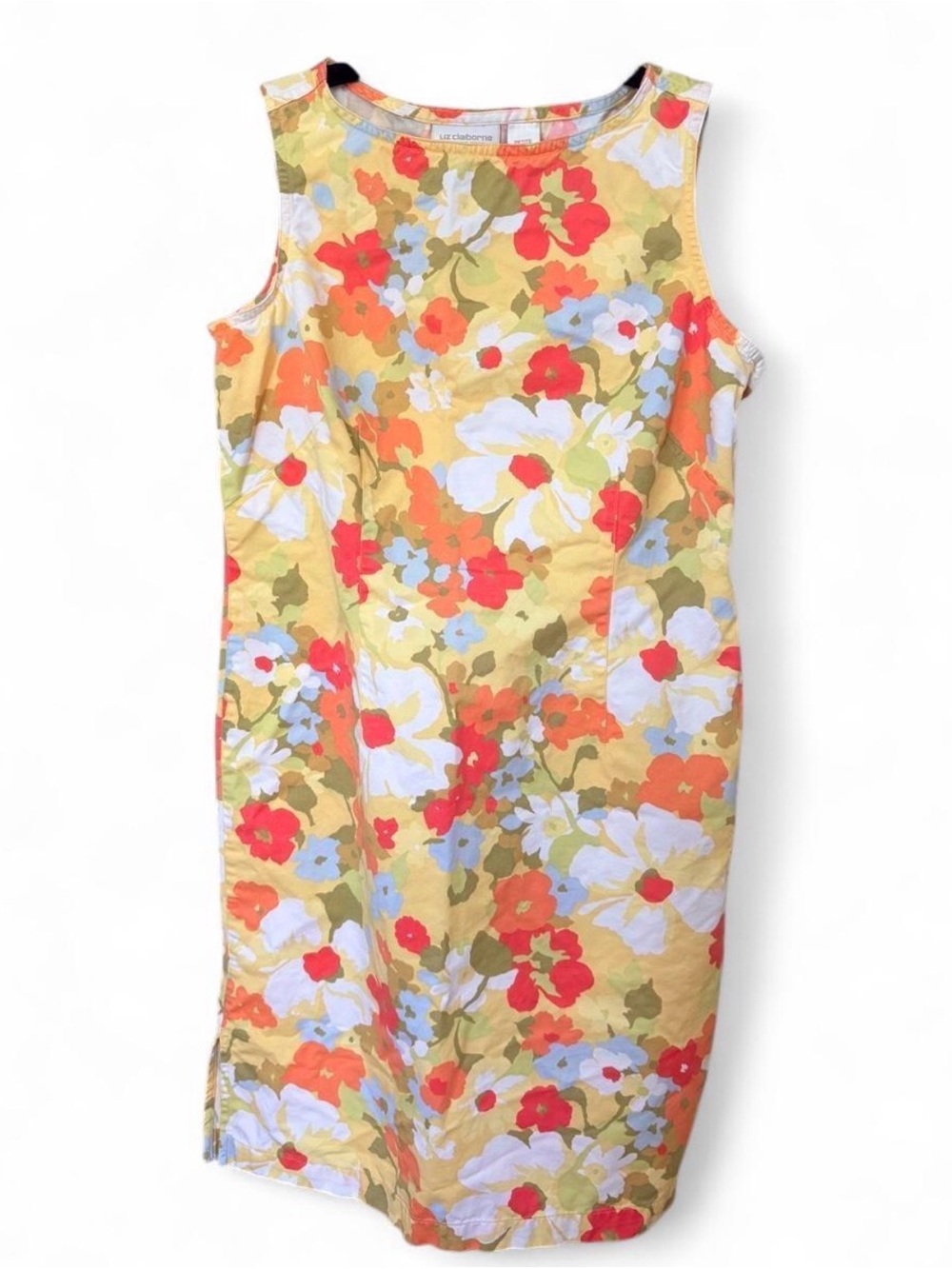 Liz Claiborne Yellow Floral Midi Dress with Coral & White Blooms